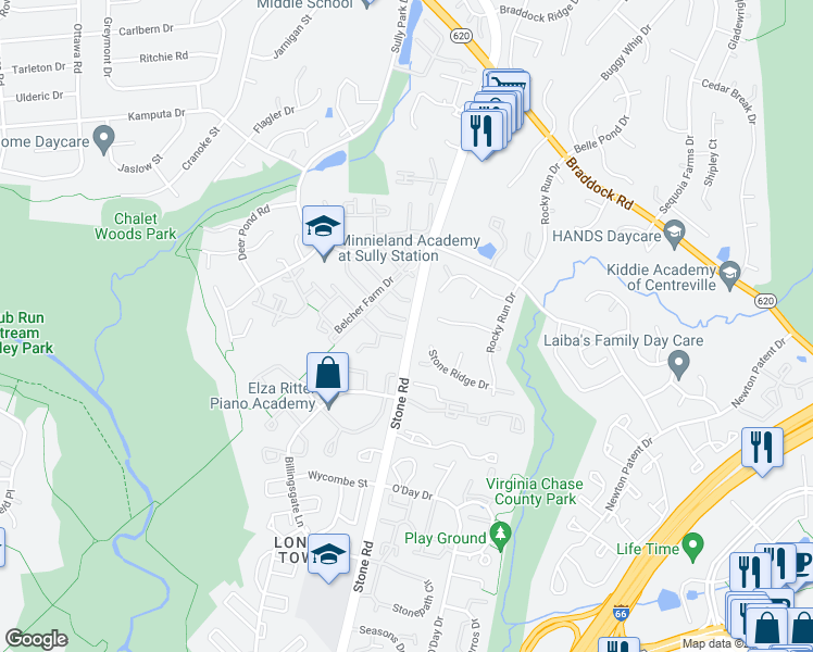 map of restaurants, bars, coffee shops, grocery stores, and more near 14601 Flower Hill Drive in Centreville