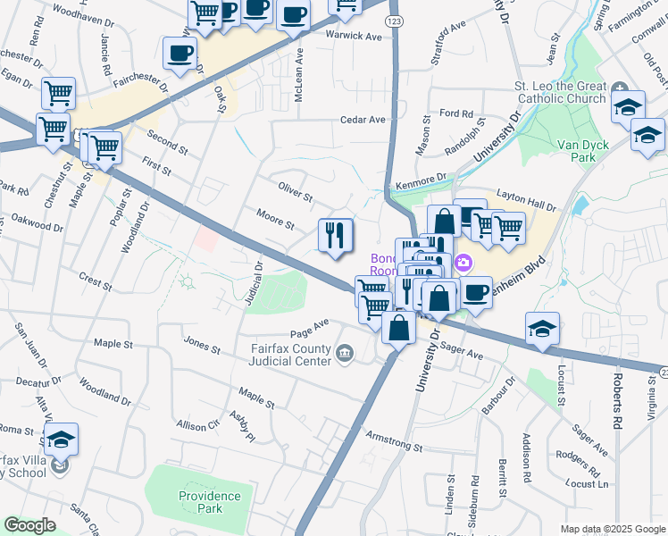 map of restaurants, bars, coffee shops, grocery stores, and more near 10560 Main Street in Fairfax