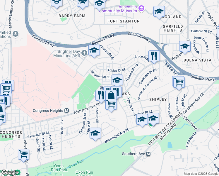 map of restaurants, bars, coffee shops, grocery stores, and more near 1520 Tanner Court Southeast in Washington
