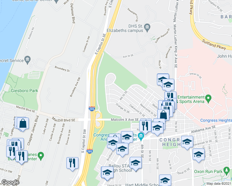 map of restaurants, bars, coffee shops, grocery stores, and more near 234 Oakwood Street Southeast in Washington