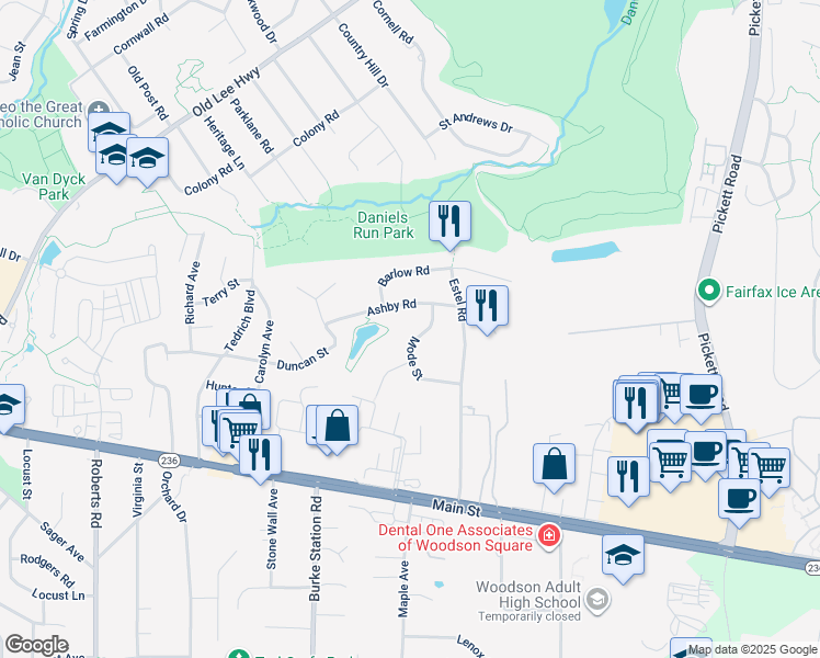 map of restaurants, bars, coffee shops, grocery stores, and more near 3807 Mode Street in Fairfax