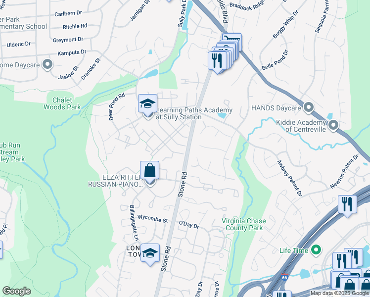 map of restaurants, bars, coffee shops, grocery stores, and more near 14601 Flower Hill Drive in Centreville