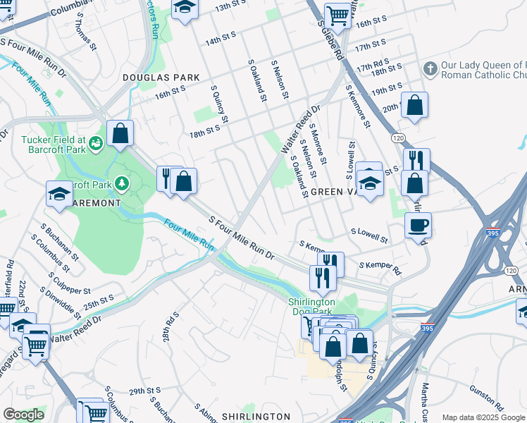 map of restaurants, bars, coffee shops, grocery stores, and more near 2224 South Quincy Street in Arlington
