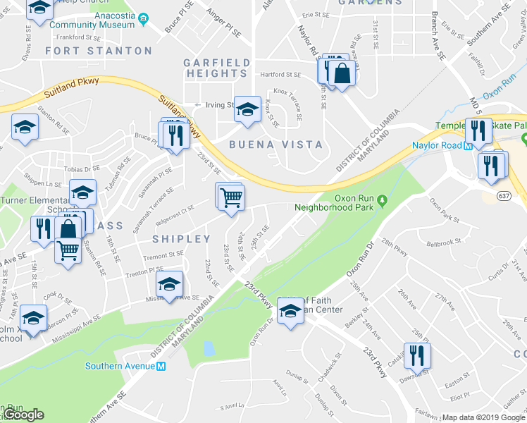 map of restaurants, bars, coffee shops, grocery stores, and more near 2417 Savannah Street Southeast in Washington