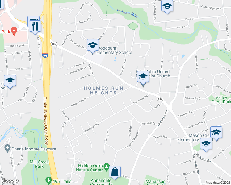 map of restaurants, bars, coffee shops, grocery stores, and more near 7708 Thor Drive in Annandale
