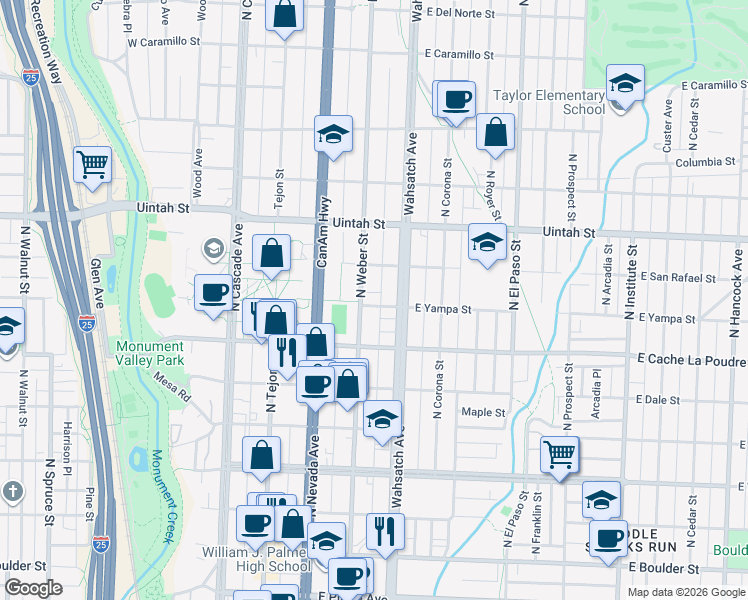 map of restaurants, bars, coffee shops, grocery stores, and more near 1001 North Weber Street in Colorado Springs