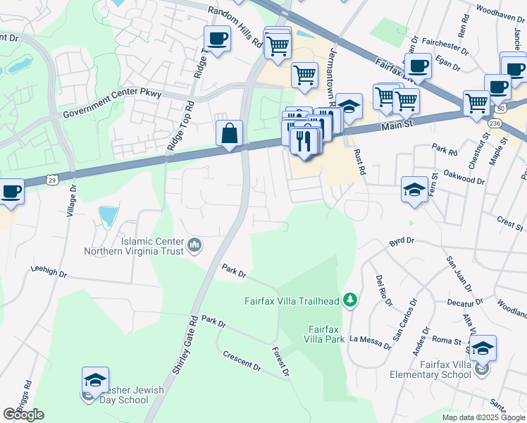 map of restaurants, bars, coffee shops, grocery stores, and more near 11349 Andrew Lane in Fairfax