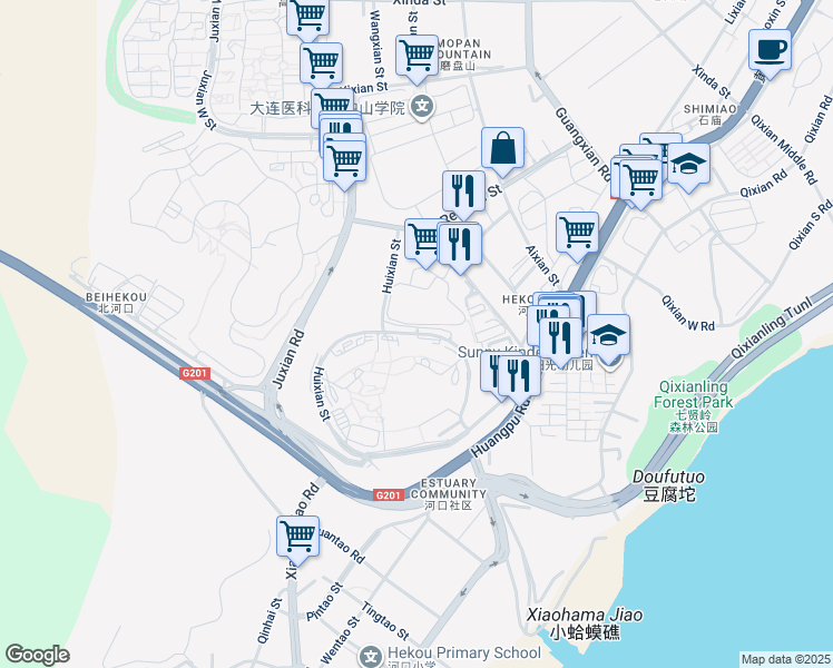 map of restaurants, bars, coffee shops, grocery stores, and more near Hui Xian Jie in Da Lian Shi