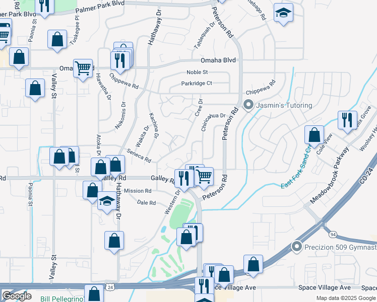 map of restaurants, bars, coffee shops, grocery stores, and more near 1214 Cree Drive in Colorado Springs