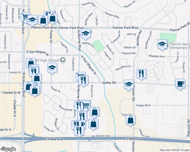 map of restaurants, bars, coffee shops, grocery stores, and more near 4420 East San Miguel Street in Colorado Springs