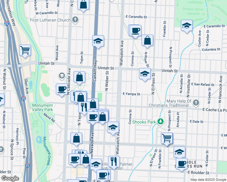 map of restaurants, bars, coffee shops, grocery stores, and more near 1019 North Weber Street in Colorado Springs