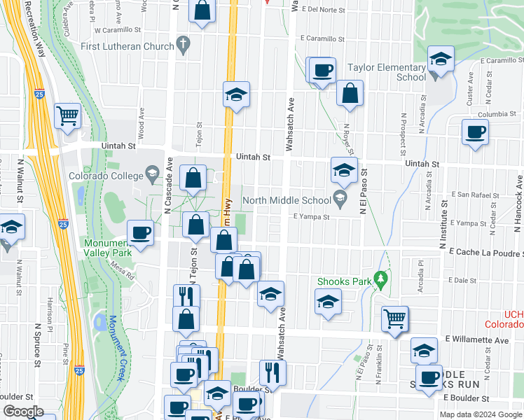 map of restaurants, bars, coffee shops, grocery stores, and more near 1019 North Weber Street in Colorado Springs