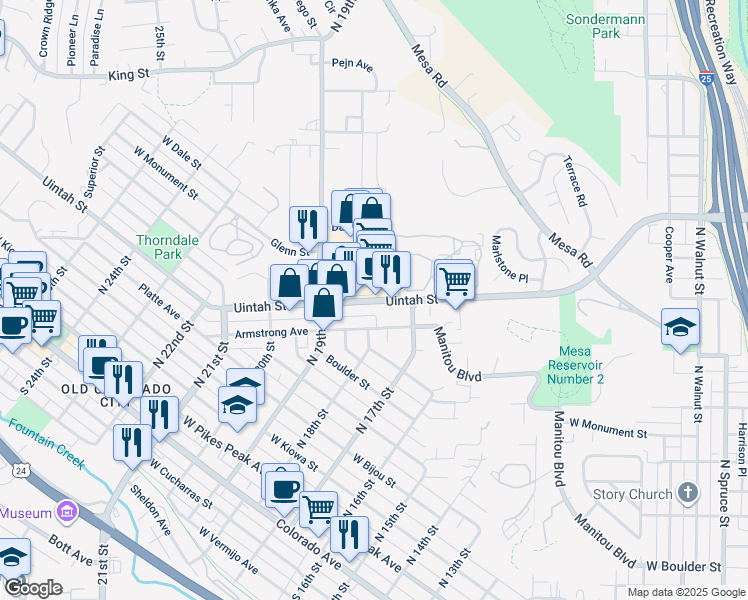 map of restaurants, bars, coffee shops, grocery stores, and more near 1720 West Uintah Street in Colorado Springs