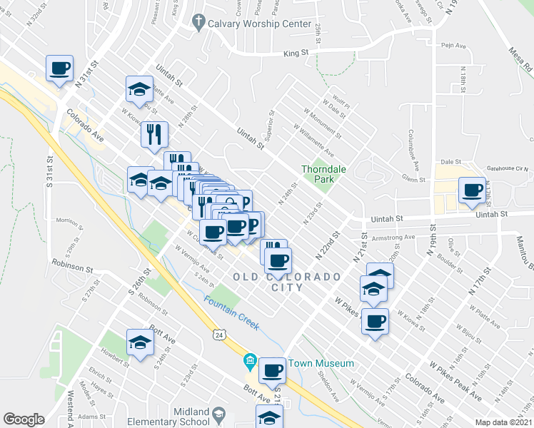map of restaurants, bars, coffee shops, grocery stores, and more near 2420 West Kiowa Street in Colorado Springs