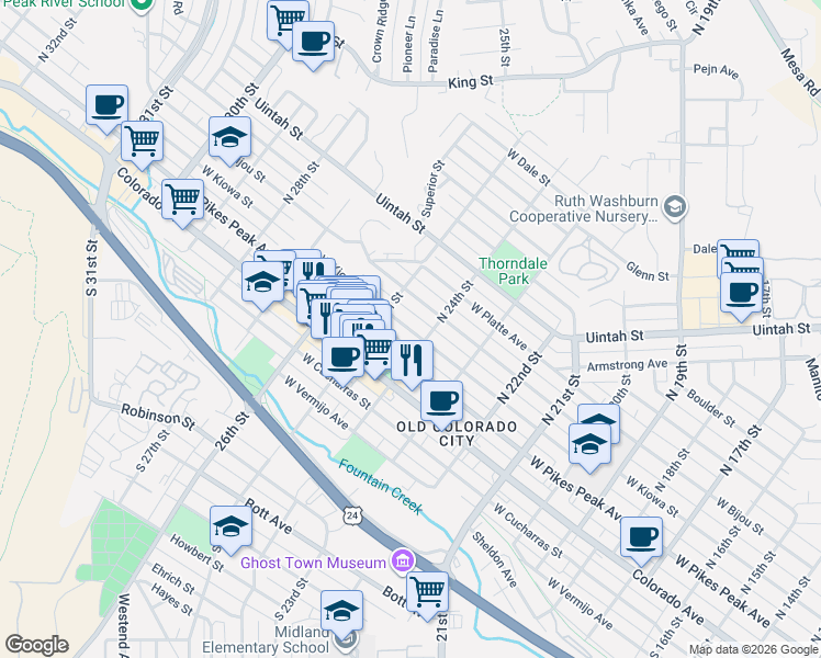 map of restaurants, bars, coffee shops, grocery stores, and more near 2420 West Kiowa Street in Colorado Springs
