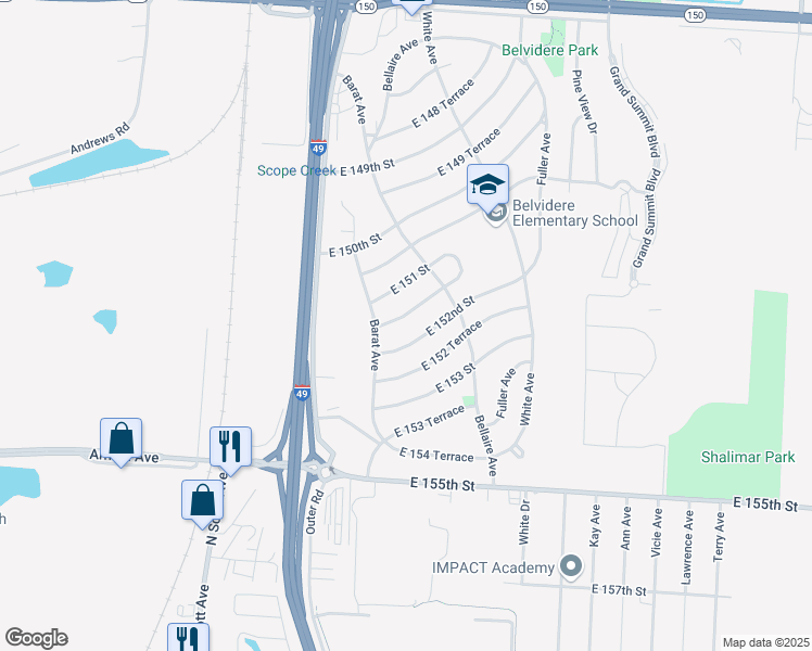 map of restaurants, bars, coffee shops, grocery stores, and more near 6006 East 151 Terrace in Grandview