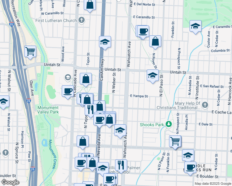 map of restaurants, bars, coffee shops, grocery stores, and more near 1019 North Weber Street in Colorado Springs