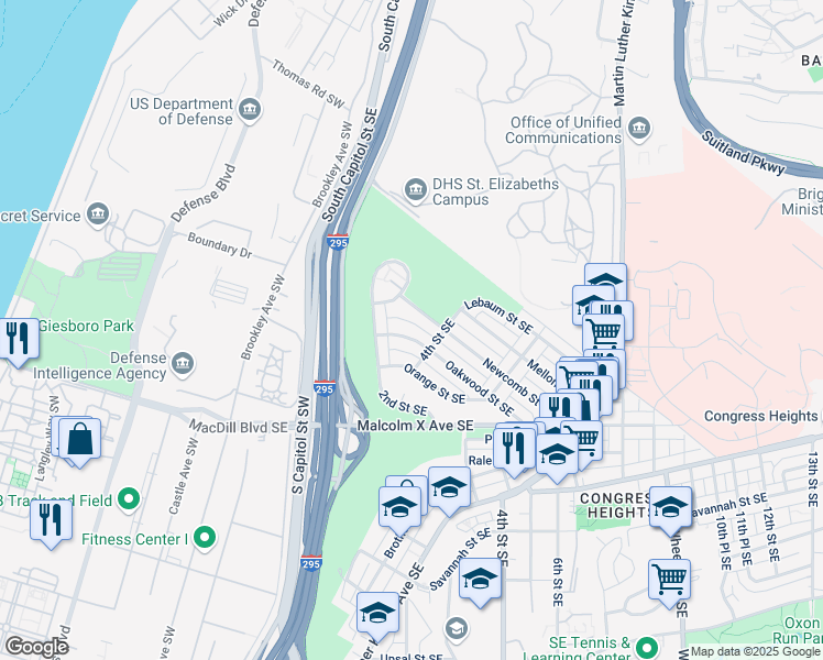 map of restaurants, bars, coffee shops, grocery stores, and more near 234 Oakwood Street Southeast in Washington