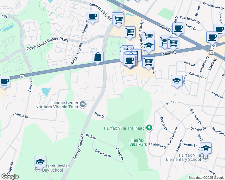 map of restaurants, bars, coffee shops, grocery stores, and more near 11349 Andrew Lane in Fairfax