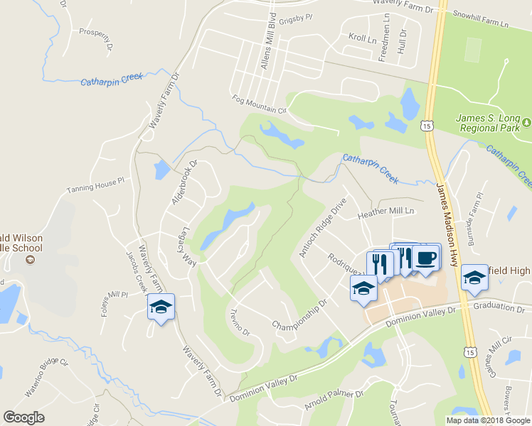 map of restaurants, bars, coffee shops, grocery stores, and more near 15405 Legacy Way in Haymarket