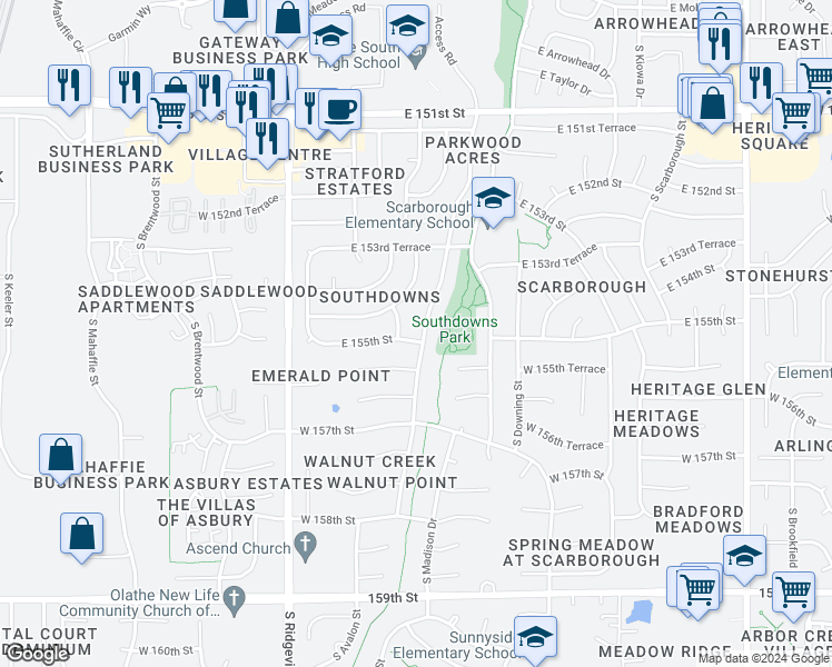map of restaurants, bars, coffee shops, grocery stores, and more near 2153 South Stagecoach Drive in Olathe