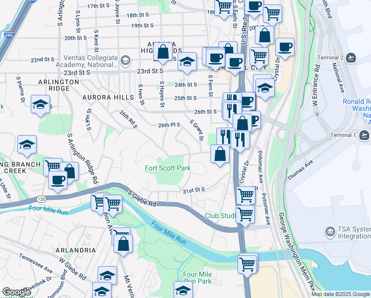 map of restaurants, bars, coffee shops, grocery stores, and more near 2748 South Grove Street in Arlington