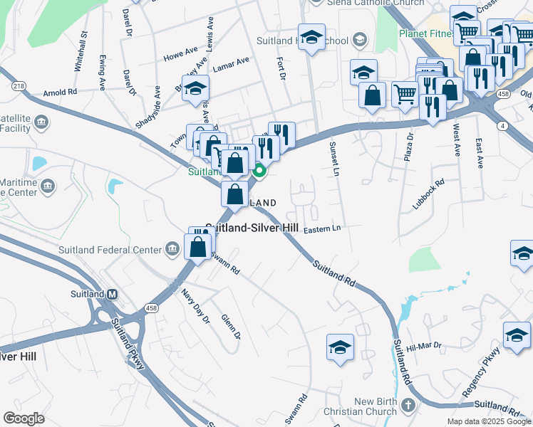 map of restaurants, bars, coffee shops, grocery stores, and more near 4809 Suitland Road in Suitland-Silver Hill