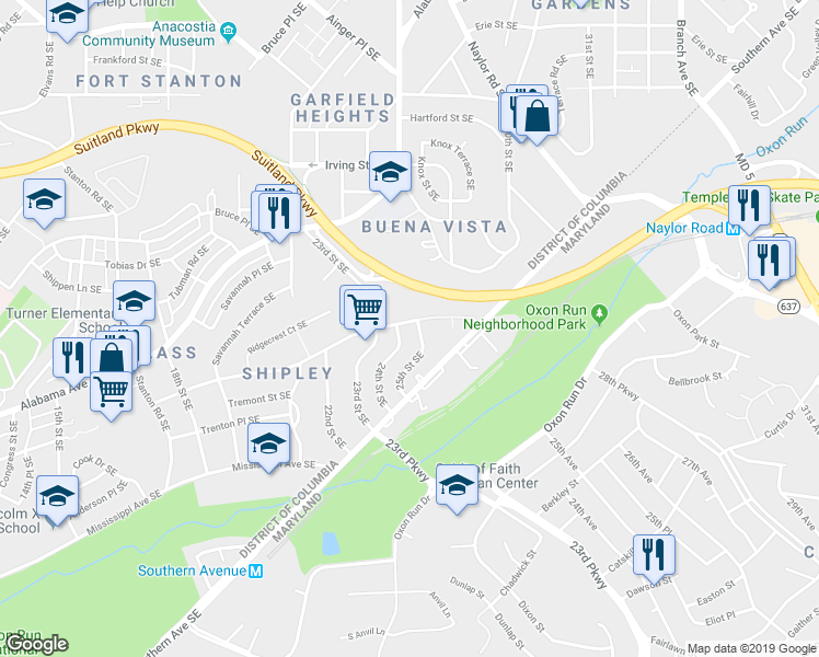 map of restaurants, bars, coffee shops, grocery stores, and more near 2411 Savannah Street Southeast in Washington