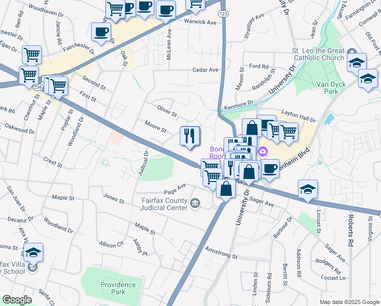 map of restaurants, bars, coffee shops, grocery stores, and more near 10560 Main Street in Fairfax