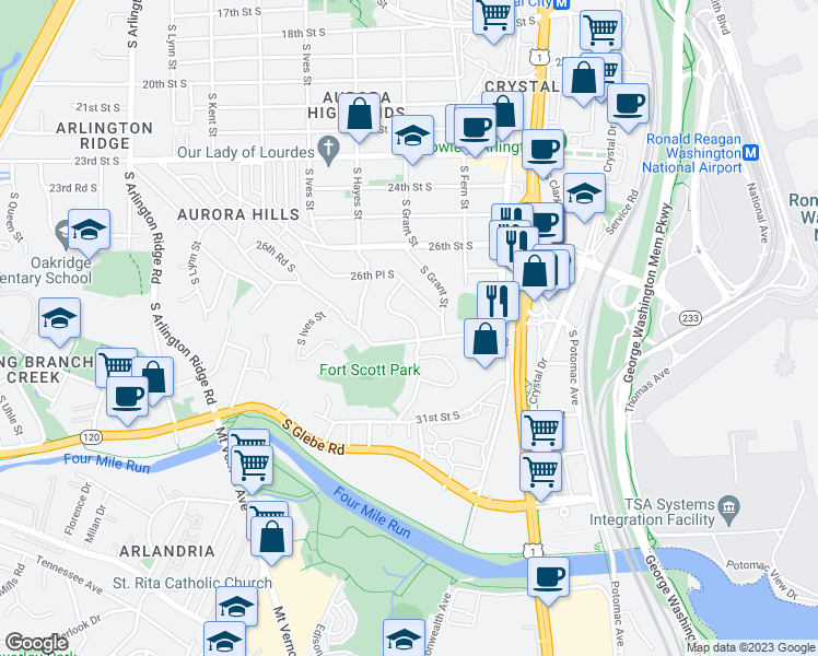 map of restaurants, bars, coffee shops, grocery stores, and more near 2748 South Grove Street in Arlington