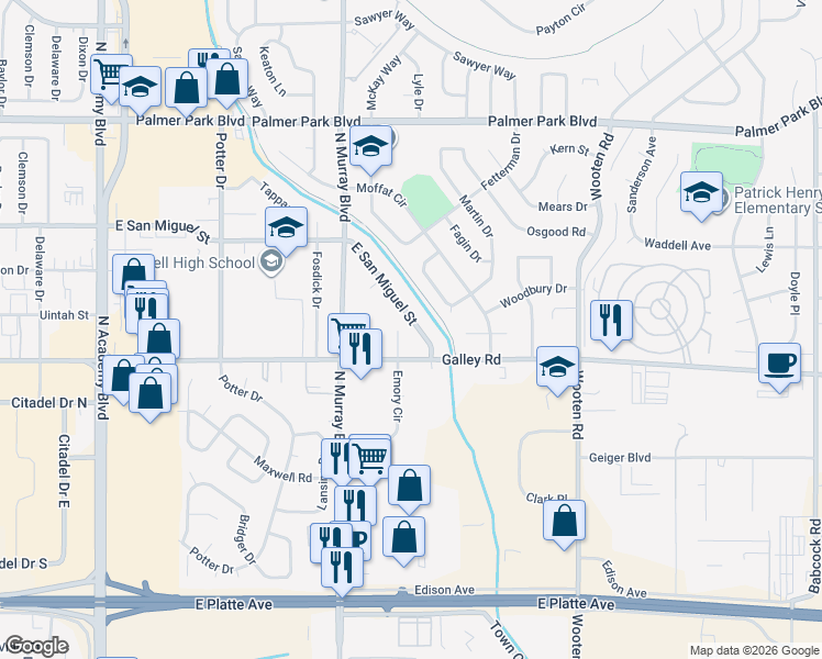 map of restaurants, bars, coffee shops, grocery stores, and more near 4420 East San Miguel Street in Colorado Springs
