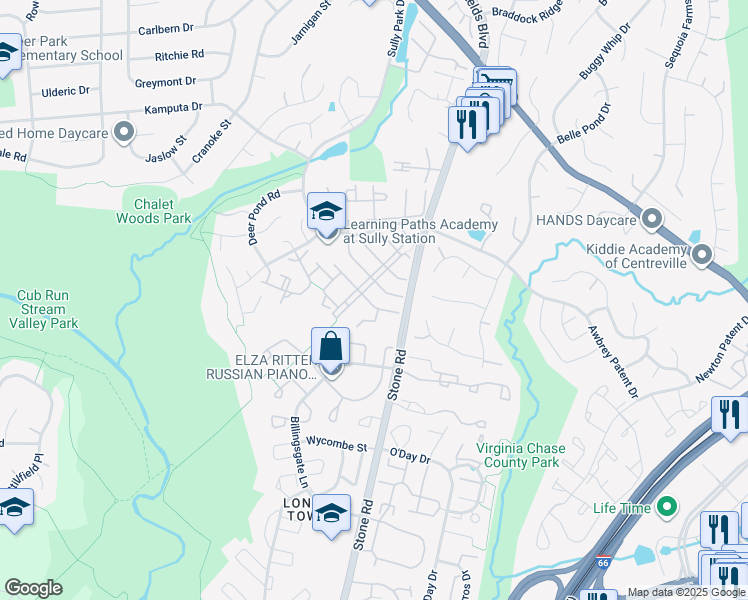 map of restaurants, bars, coffee shops, grocery stores, and more near 14636 Stream Pond Drive in Centreville