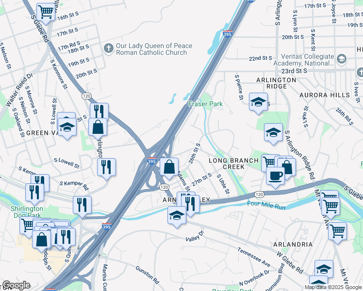 map of restaurants, bars, coffee shops, grocery stores, and more near 2465 Army Navy Drive in Arlington