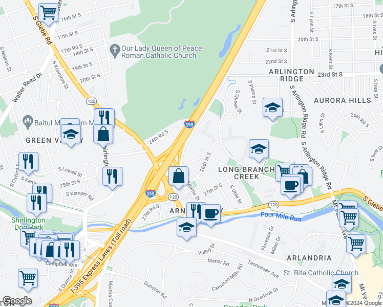 map of restaurants, bars, coffee shops, grocery stores, and more near 2055 26th Street South in Arlington