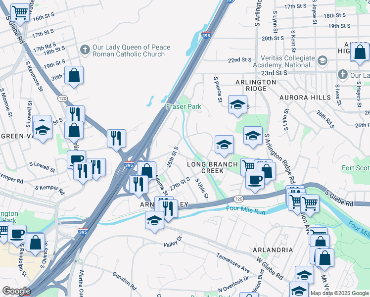 map of restaurants, bars, coffee shops, grocery stores, and more near 1800 26th Street South in Arlington