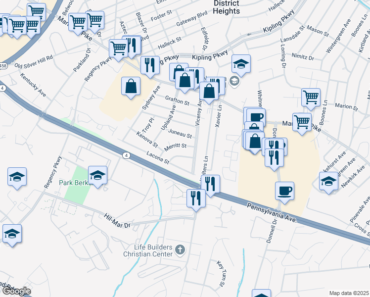 map of restaurants, bars, coffee shops, grocery stores, and more near 6621 Merritt Street in District Heights