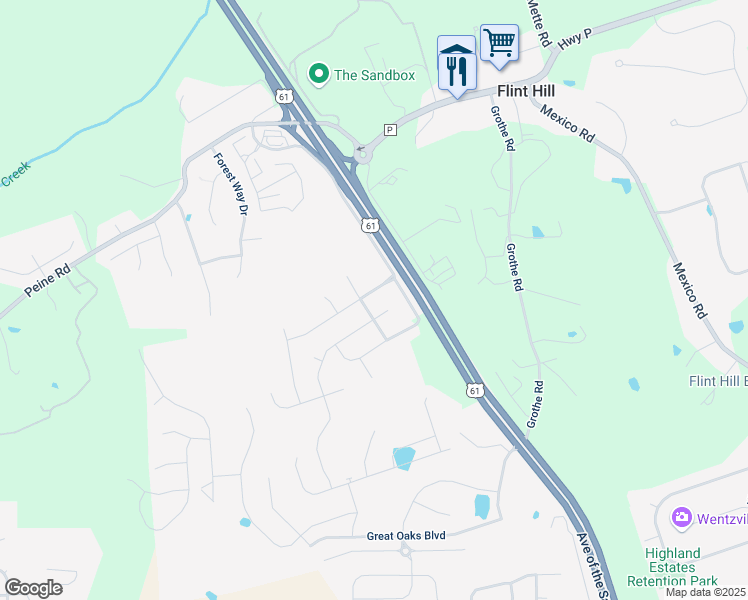 map of restaurants, bars, coffee shops, grocery stores, and more near 4 Winded Way Court in Wentzville