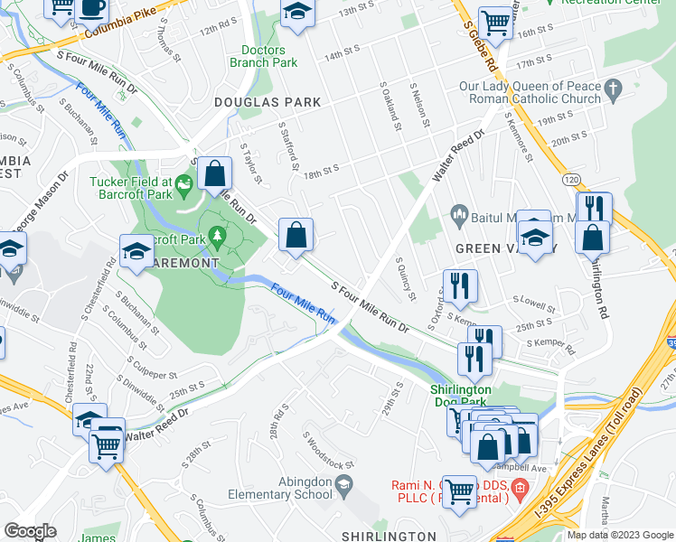 map of restaurants, bars, coffee shops, grocery stores, and more near 4119 South Four Mile Run Drive in Arlington