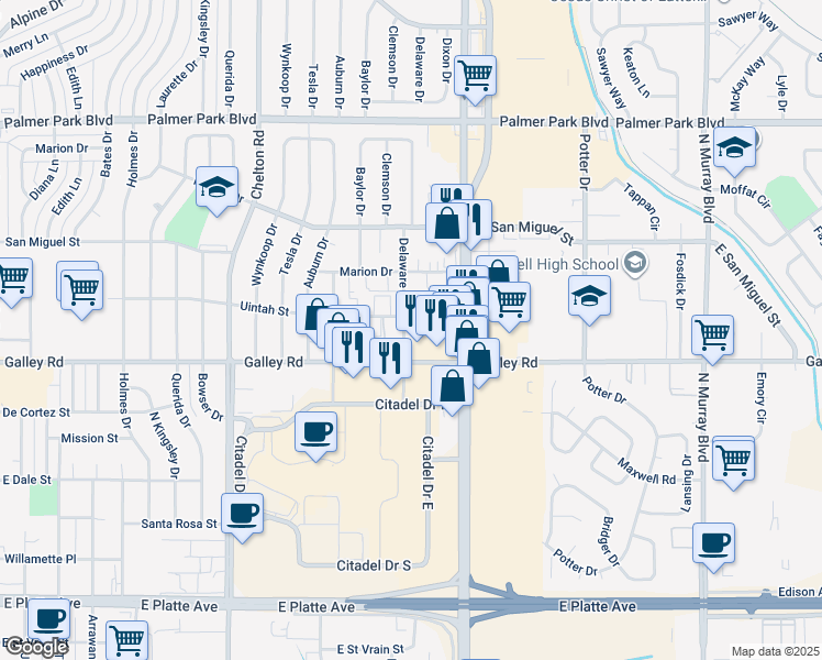 map of restaurants, bars, coffee shops, grocery stores, and more near 1102 Delaware Drive in Colorado Springs