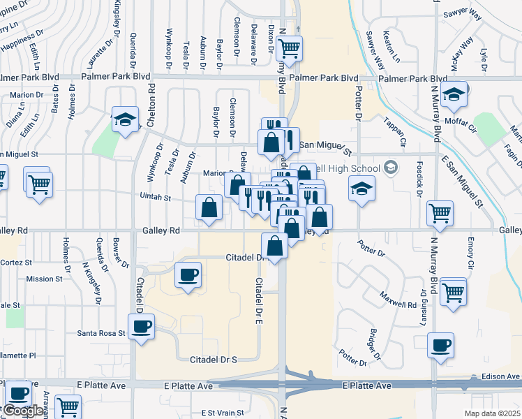 map of restaurants, bars, coffee shops, grocery stores, and more near 1106 North Academy Boulevard in Colorado Springs