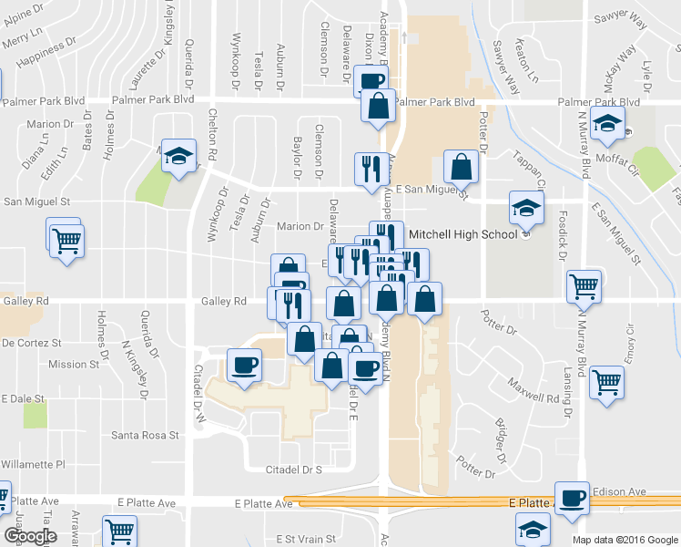 map of restaurants, bars, coffee shops, grocery stores, and more near 1021 Delaware Drive in Colorado Springs