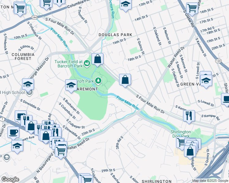 map of restaurants, bars, coffee shops, grocery stores, and more near 4150 South Four Mile Run Drive in Arlington