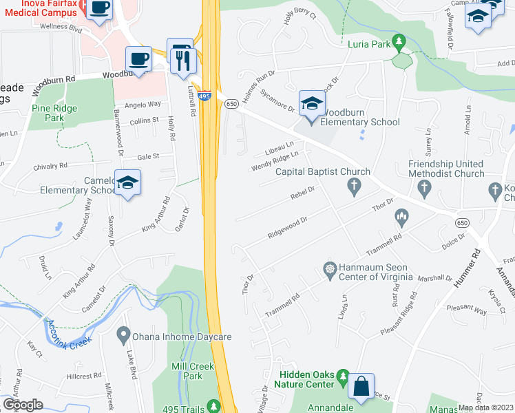map of restaurants, bars, coffee shops, grocery stores, and more near 7820 Rebel Drive in Annandale