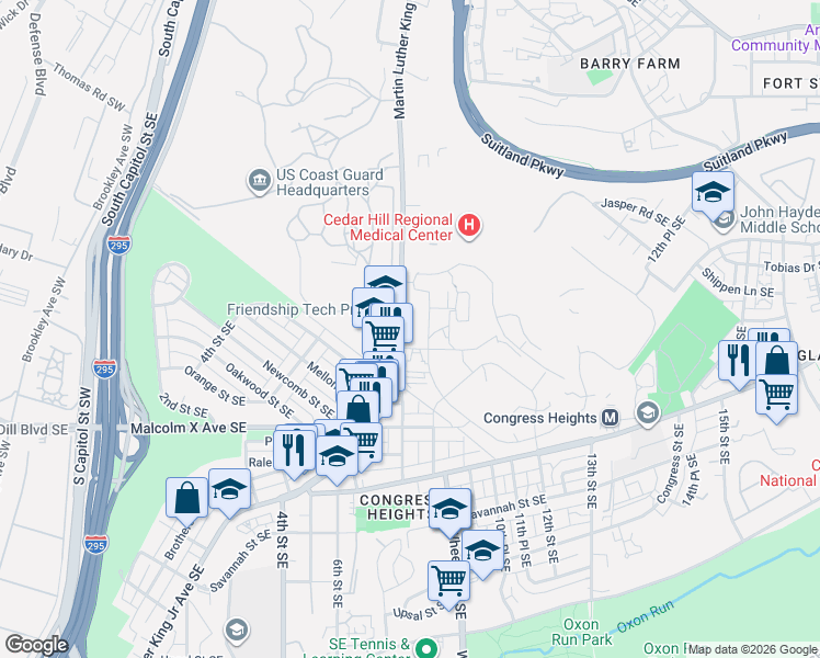 map of restaurants, bars, coffee shops, grocery stores, and more near 2700 Martin Luther King Junior Avenue Southeast in Washington