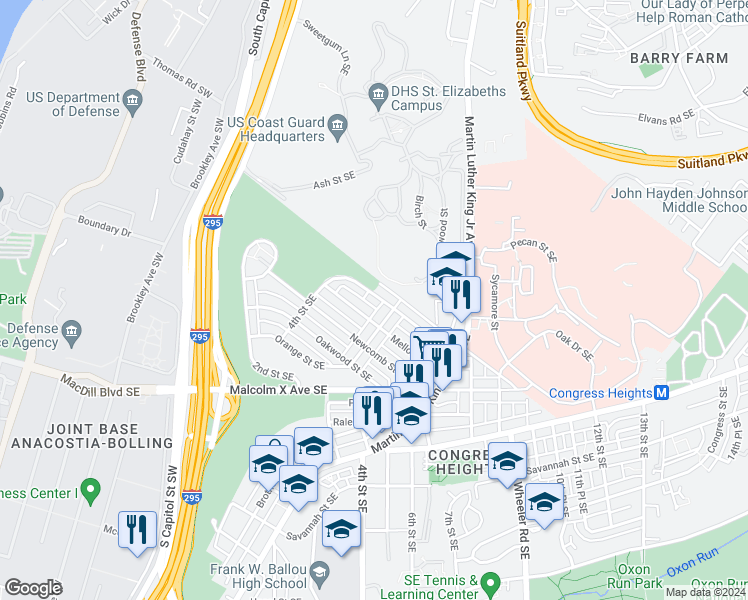 map of restaurants, bars, coffee shops, grocery stores, and more near 447 Lebaum Street Southeast in Washington