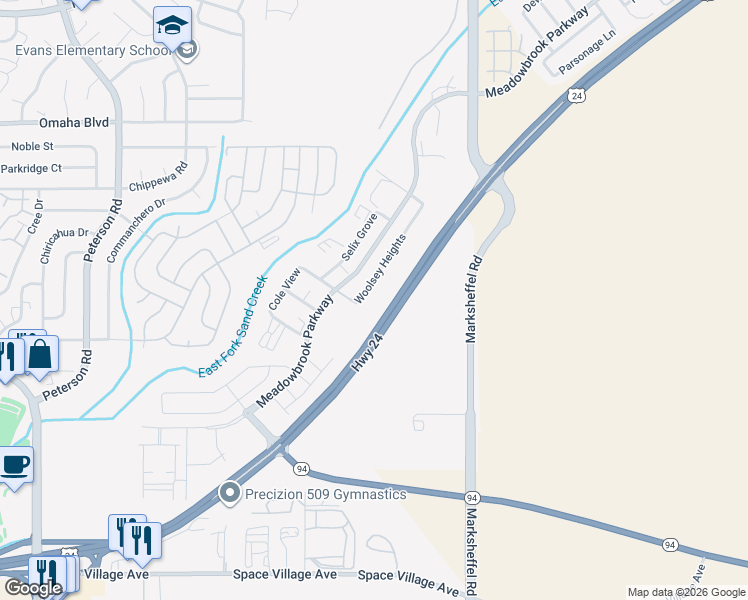 map of restaurants, bars, coffee shops, grocery stores, and more near 1411 Woolsey Heights in Colorado Springs