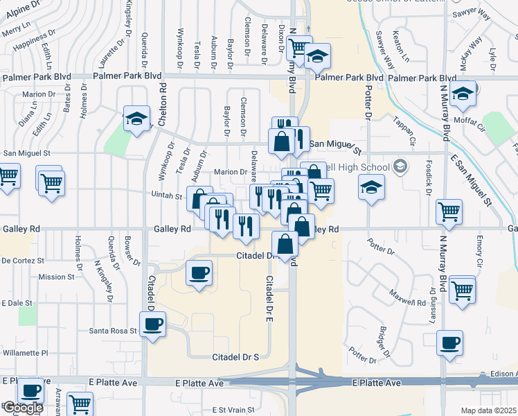 map of restaurants, bars, coffee shops, grocery stores, and more near 1102 Delaware Drive in Colorado Springs
