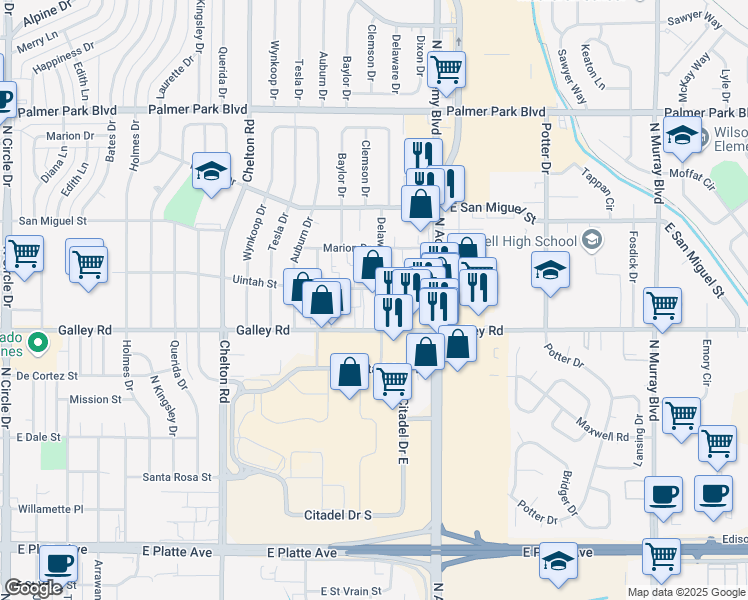 map of restaurants, bars, coffee shops, grocery stores, and more near 1102 Delaware Drive in Colorado Springs