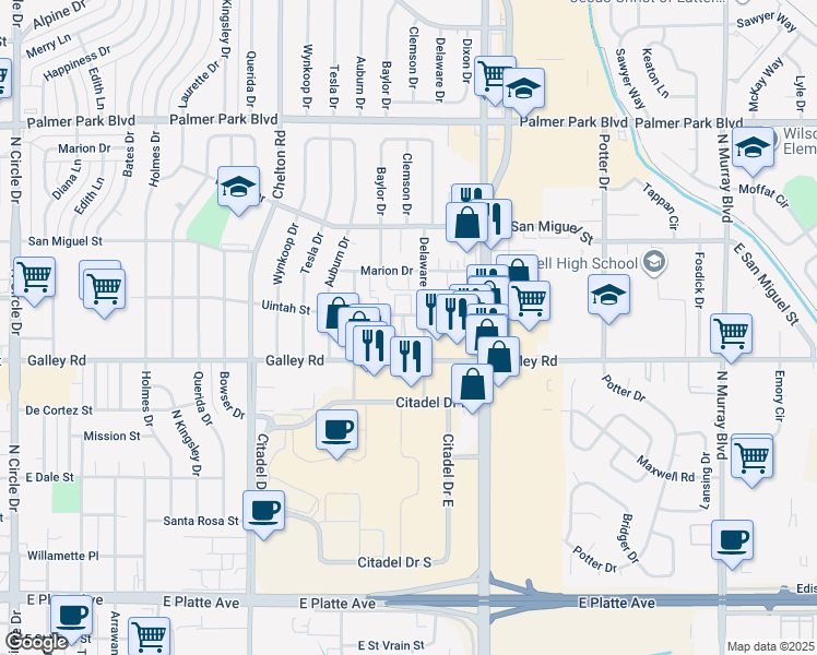 map of restaurants, bars, coffee shops, grocery stores, and more near 1102 Delaware Drive in Colorado Springs
