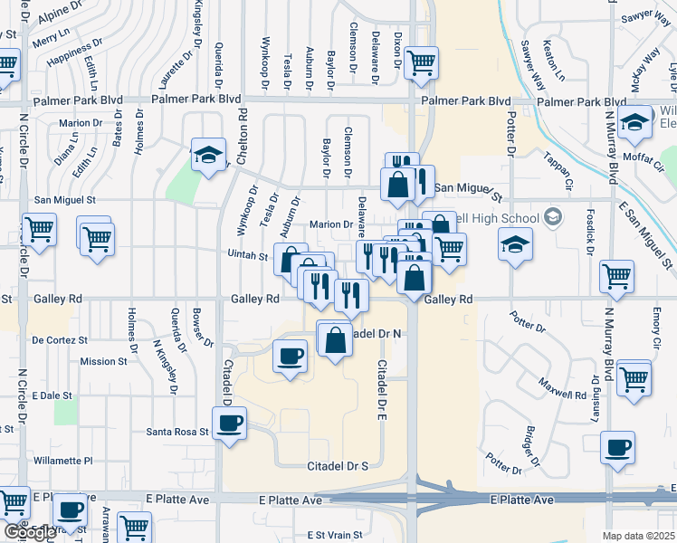 map of restaurants, bars, coffee shops, grocery stores, and more near 3604 East Uintah Street in Colorado Springs